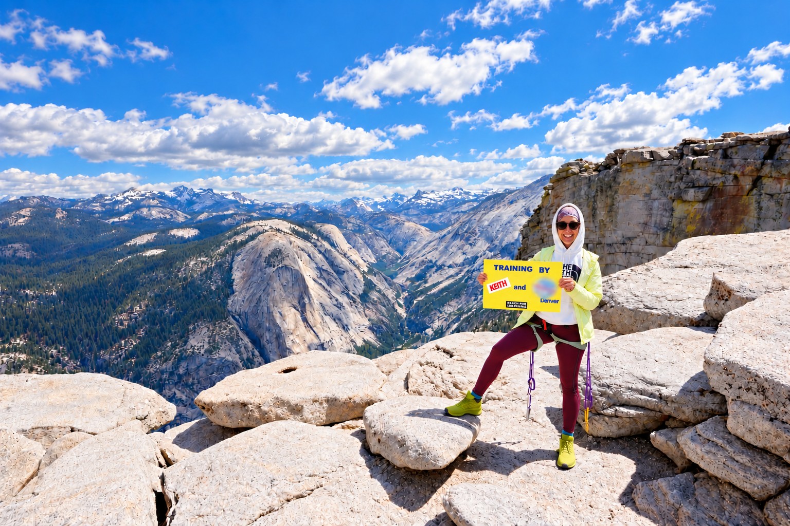 Kay holding a summit sign at the top of Half Dome, Yosemite National Park